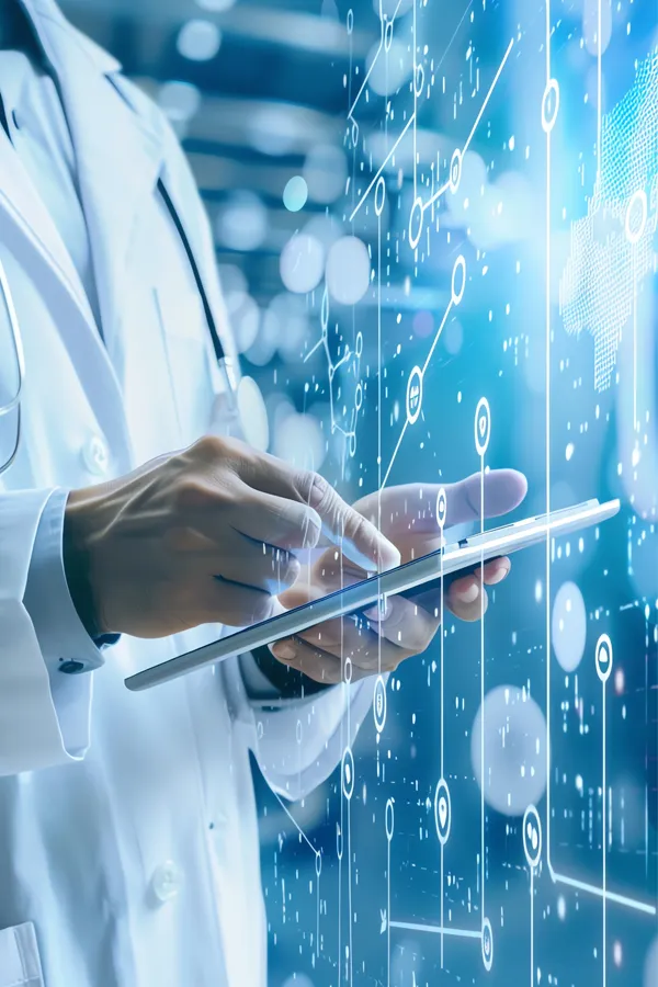 A doctor recording medical information with illustrated medical icons superimposed. Get the BioInsight Advanced Diagnostics Suite from Dr. David Lans