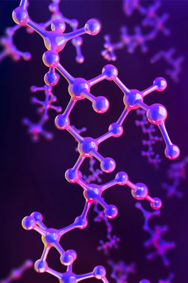 Hormone-Pellet-Treatment A 3D illustration of molecules in purple hues, representing hormone pellet treatments from Dr. David Lans in New Rochelle.